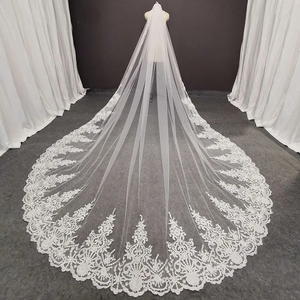 Customized real po long lace bridal veil with comb 3.5m 1-layer cathedral white Iovry wedding veil wedding accessories 241115