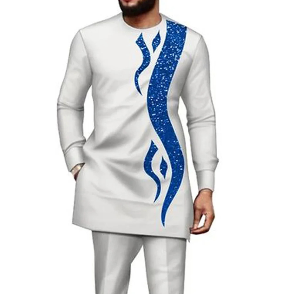 White Wedding Men Sets Kaunda Suits Solid Long Sleeve Tops Tuxedo Pants African Ethnic Casual Traditional Outfits 2PCS Suit Wear 240410