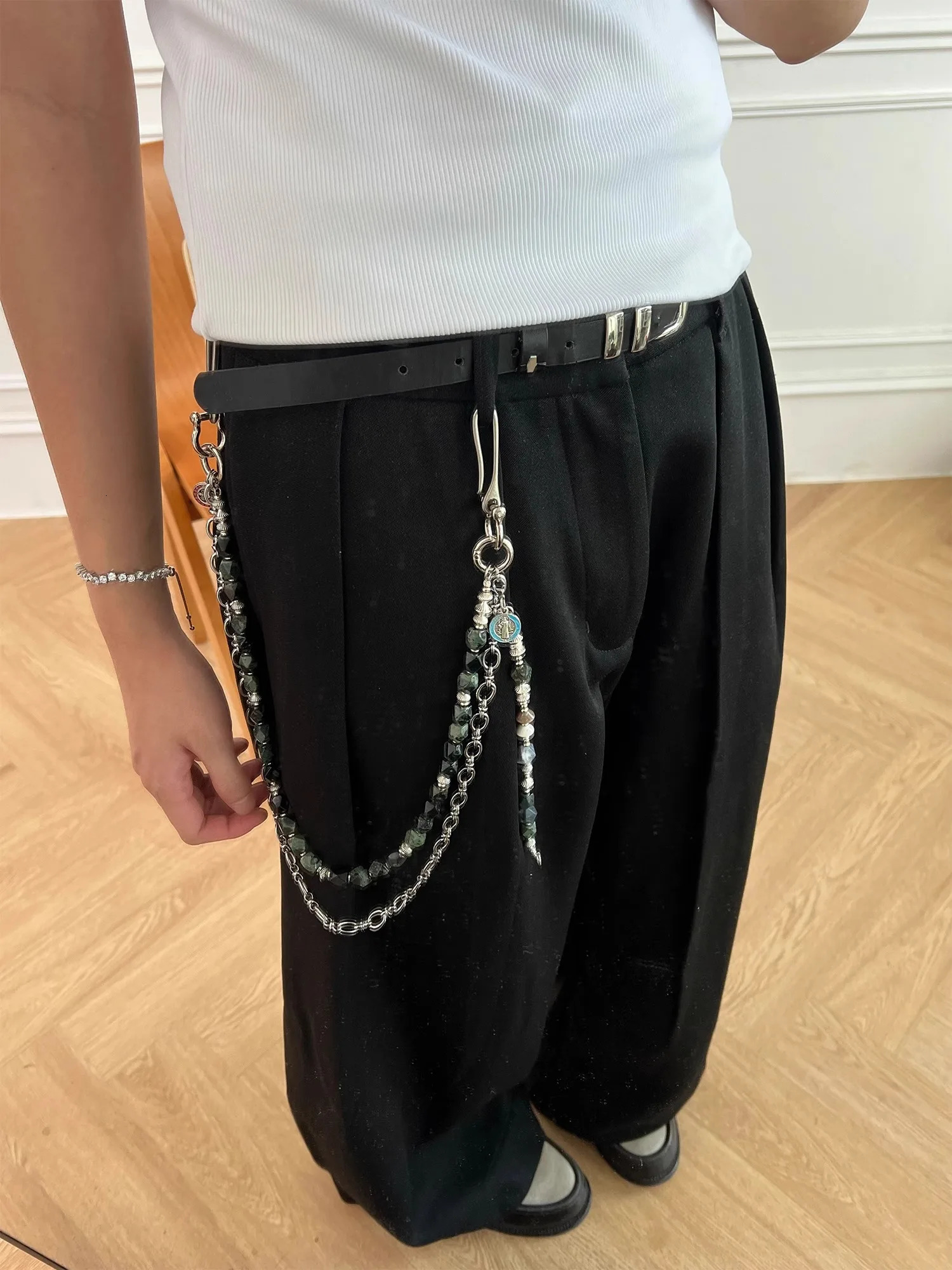 3-in-1 combination punk pants chain peacock green metal comfortable mens and womens keychain one waist accessories 241115