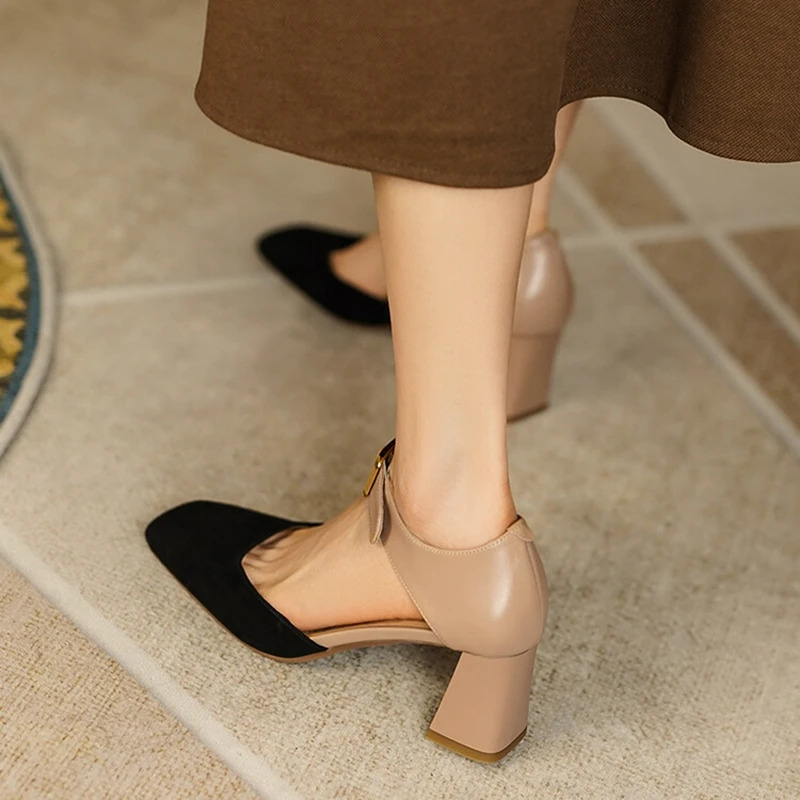 Sheep Suede Leather Summer/Spring Sandals Square Toe High Heels Cover Heel Shoes For Women Retro Mary Janes