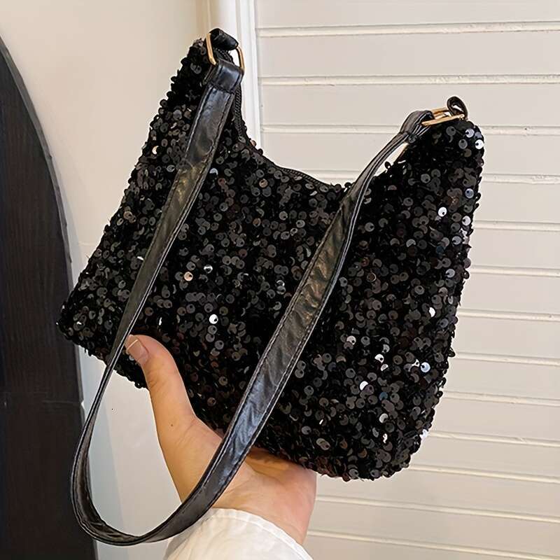Chic Sequin Crossbody Bag for Women Versatile Nylon Shoulder Purse with Adjustable Strap, Zip Closure - Black