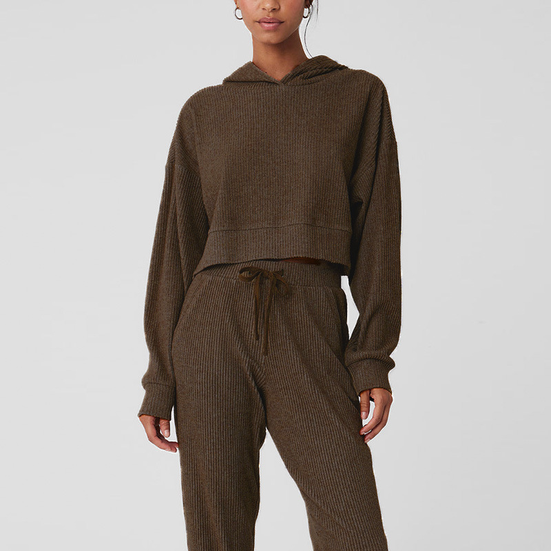 Vt1012 Corduroy Sports Yoga Two Piece Set Hooded Loose Fiess Sweatshirt Workout Hoodie Long Sleeve Pants Women Jogger Suit Gym Tracksuit