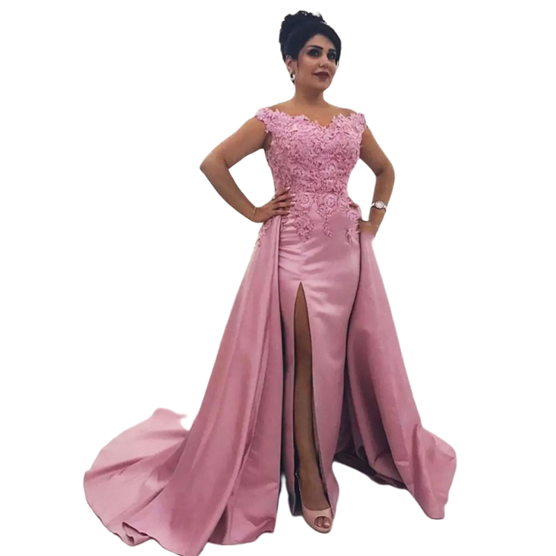 Elegant Pink Mother Of The Bride Dresses With Detachable Skirt Side Slit Long Evening Gowns Lace Appliques Plus Size Wedding Party Dress Lace Applique