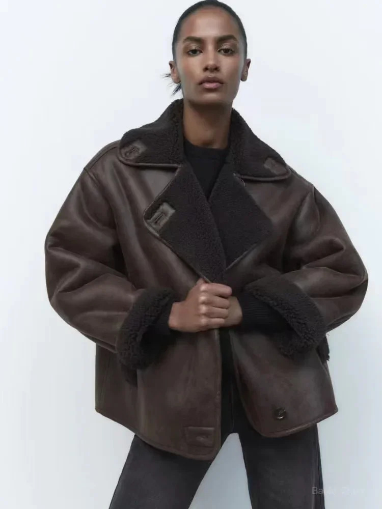 2024 Woman Thick Faux Leather Jackets For Women Autumn Winter Warm Wool Blends Coats DemiSeason Plush Jacket Outerwear Female 241115