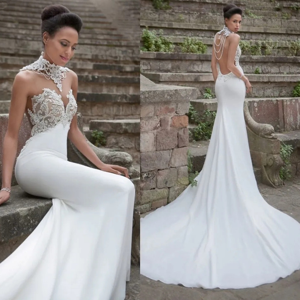 Boho Garden Mermaid Wedding Dresses Gorgeous Beading Pearls High Neckline With Applique Lace Bridal Gowns Court Train Slim Fit Backless Bride Robes de