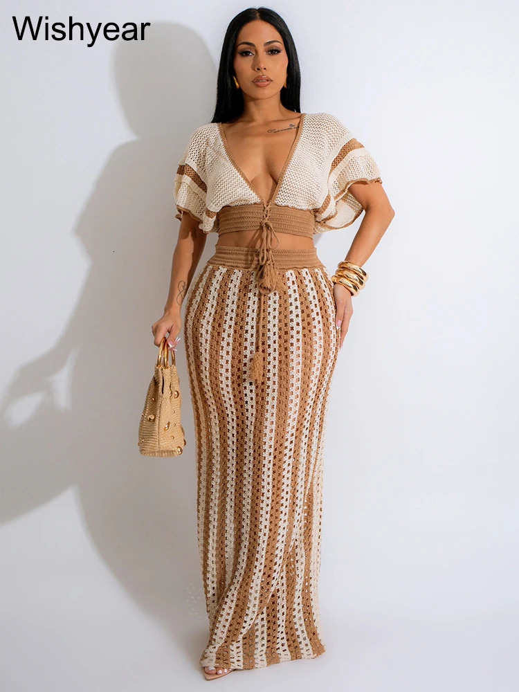 Elegant Knitted Crochet Beach Black Stripe Two 2 Pieces Women Crop Tops and Long Skirts Matching Set Holiday Birthday Outfits 241114