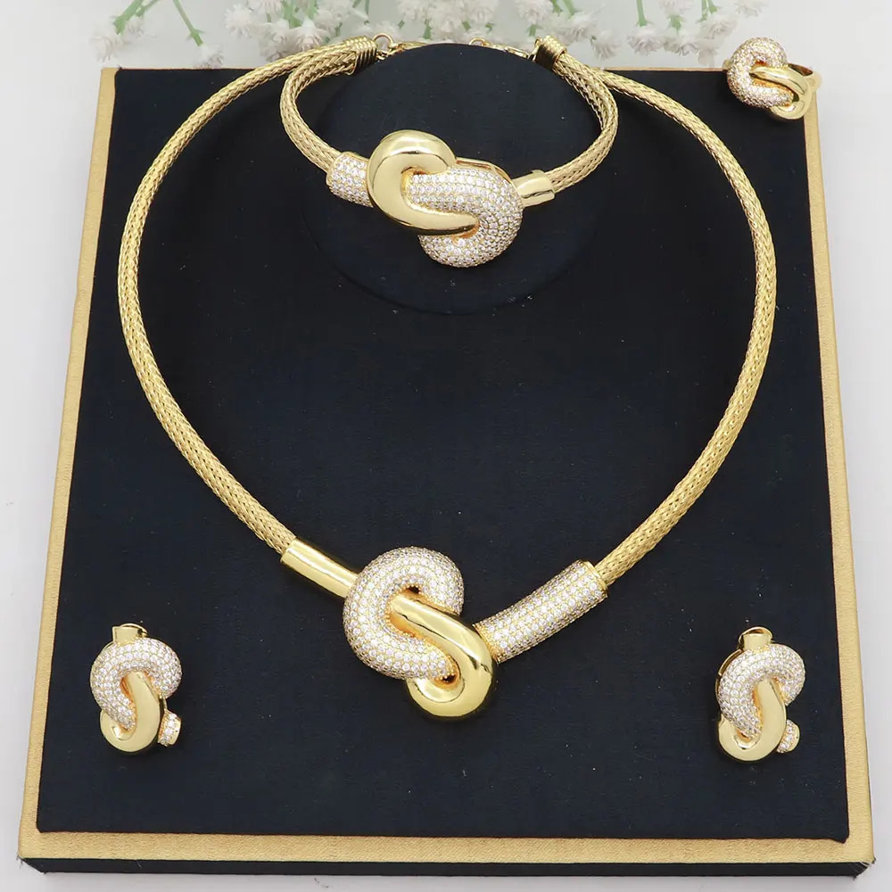 Womens jewelry set Italian gold-plated original copper necklace with CZ bow pendant earrings wedding jewelry 241115