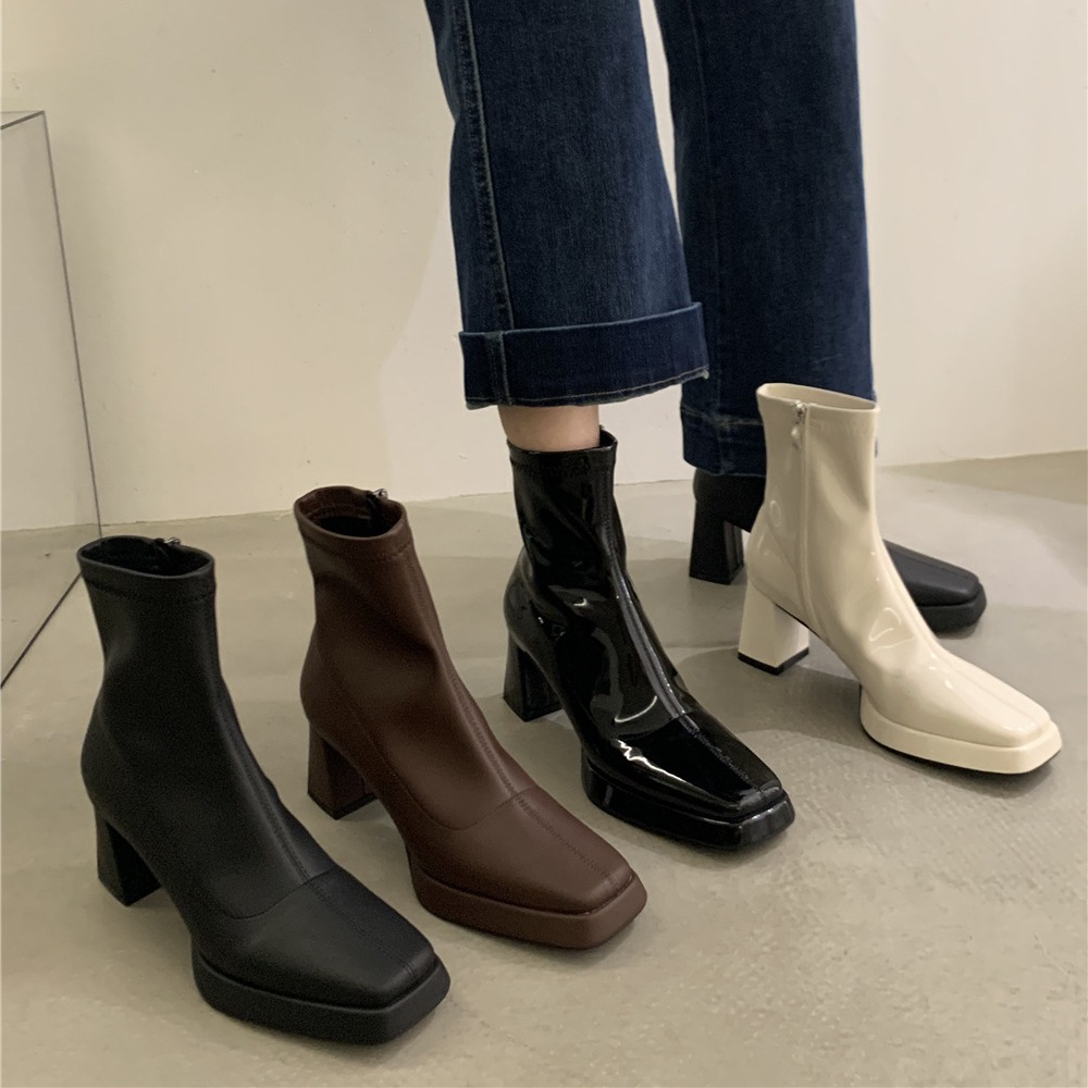 French Square Toe Thick Heel Zipper Short Boots.