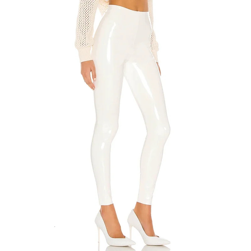 Womens shiny PU leather white PVC pants ultrathin 4XL sexy long legs latex elastic high waist tight summer 241115