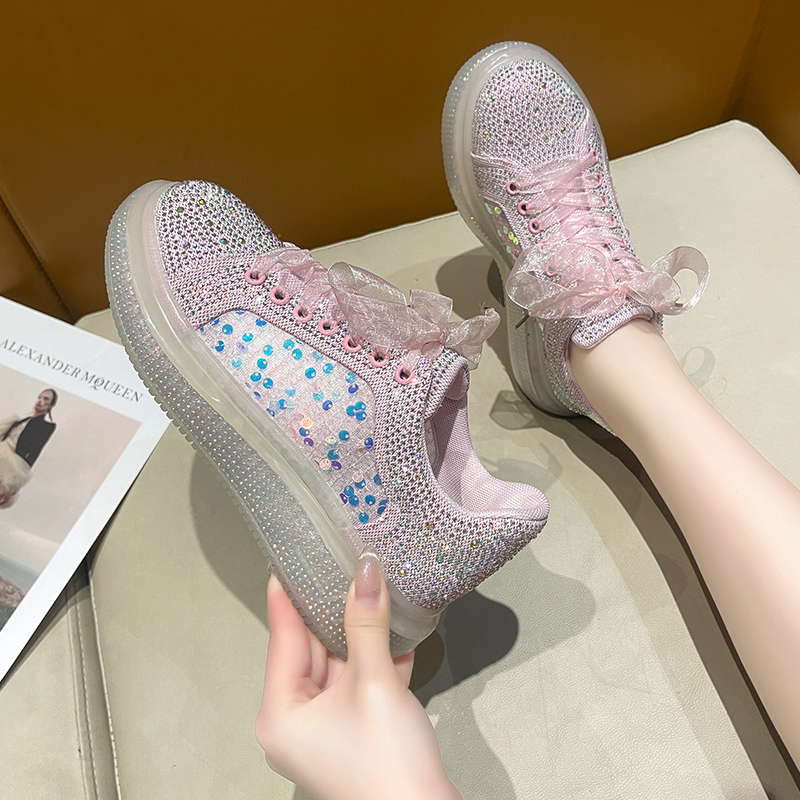 Women's Luxury Flat Shoes Shining Water Diamond Sports Shoes Rubber Transparent Thick soled Shoes Designer Casual Shoes High Quality Fashion Wome