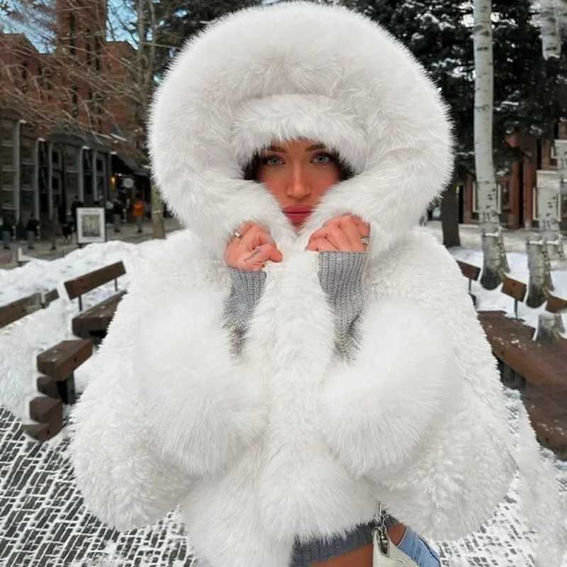 Women's Fur Faux Fur Talenza Winter Womens White Short Faux Fur Coat Fashion Y2K Hoodie Jacket Long Sleve Thick Warm Fluffy Fur Coat Womens Wear Y241115OE2J