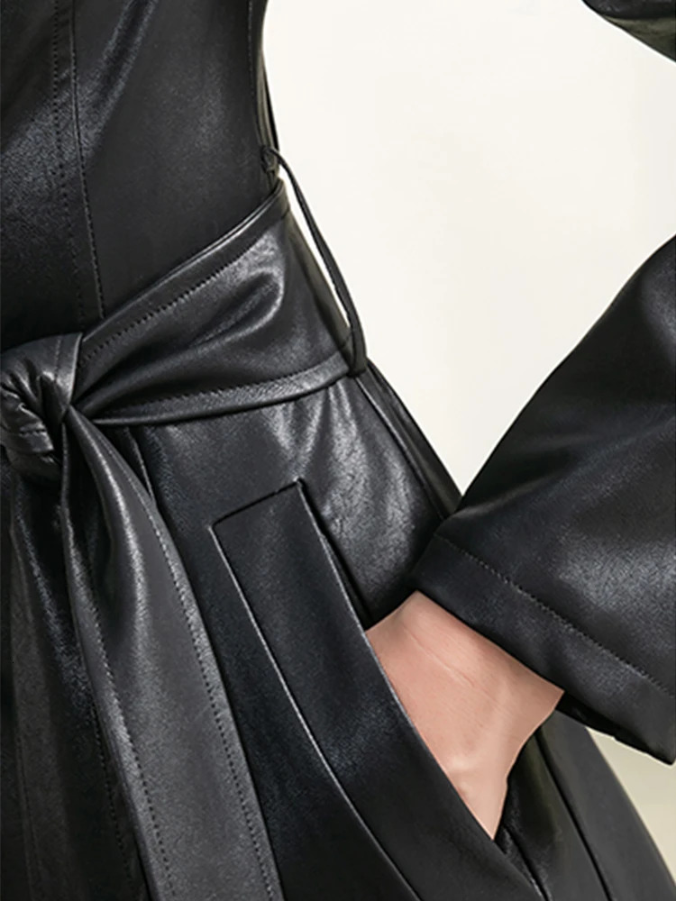 Lautaro Spring Autumn Long Black Soft Waterproof Faux Leather Coat Women Belt Sleeve Single Breasted Fashion 241115
