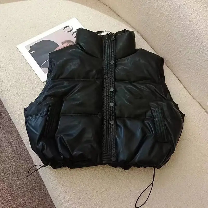 Down Insulated Vest PU Leather Short Vests for Women Trend Middle-aged Womens Clothing Office Street Style Outerwear XK85 241114