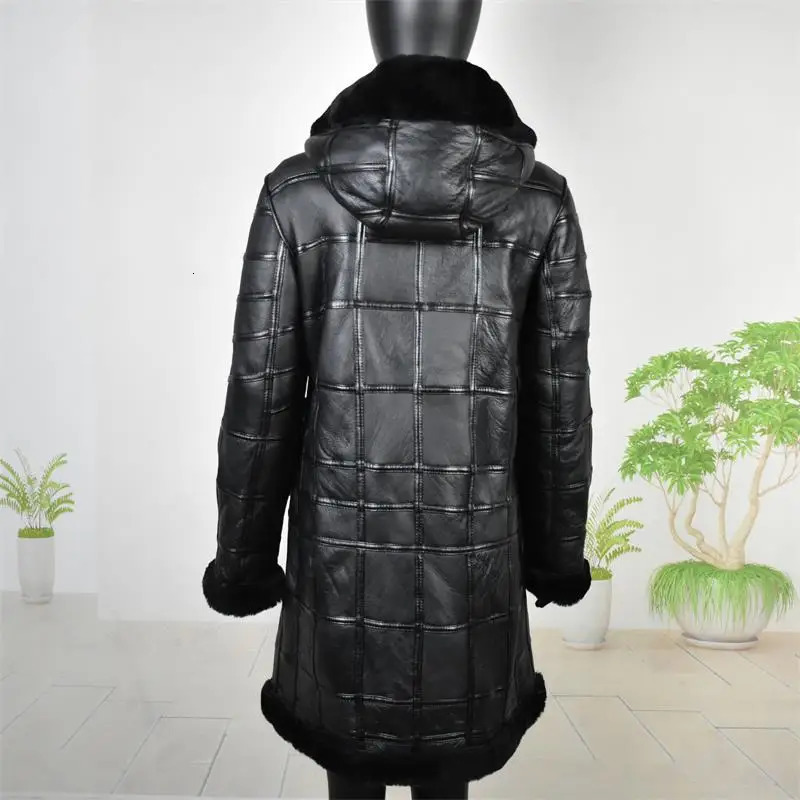 Real Sheep Skin Fur Splicing Winter Extended Tops Warm Leather Coat Women Vest Clothing Hat Sheepskin Long 241115