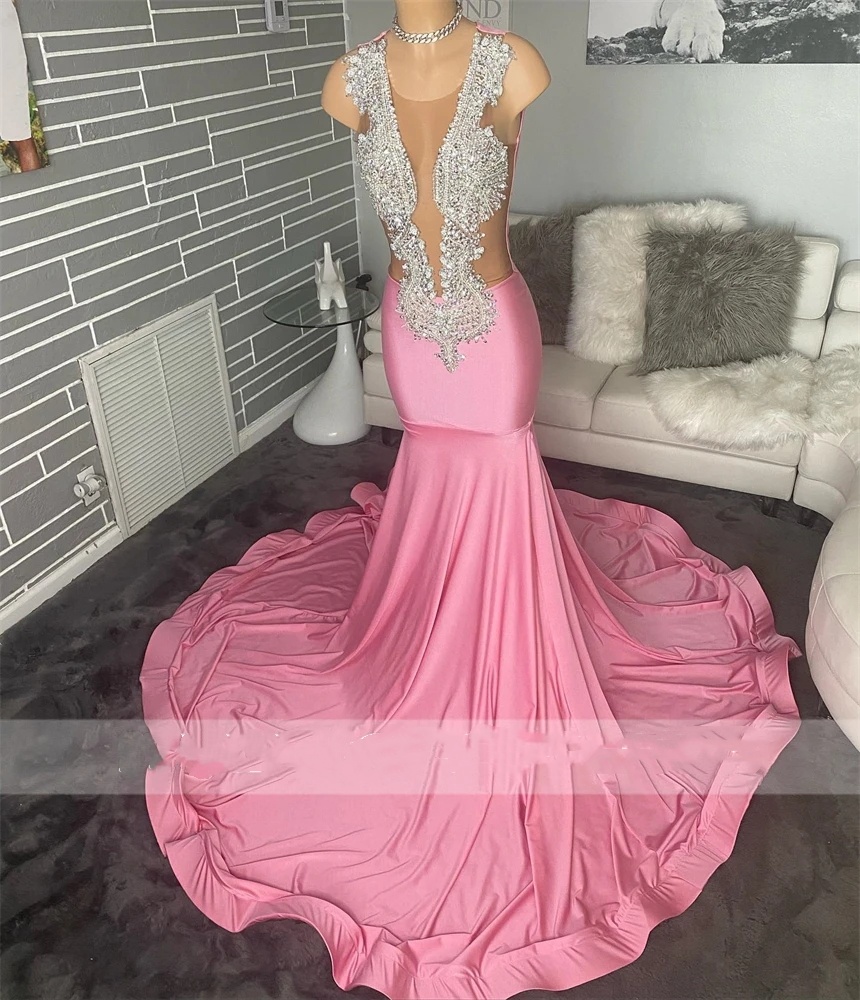 Pink O Neck Mermaid Prom Dresses For Black Girls Beaded Crystal Rhinestone Long Birthday Party Formal Gown Robe De Bal