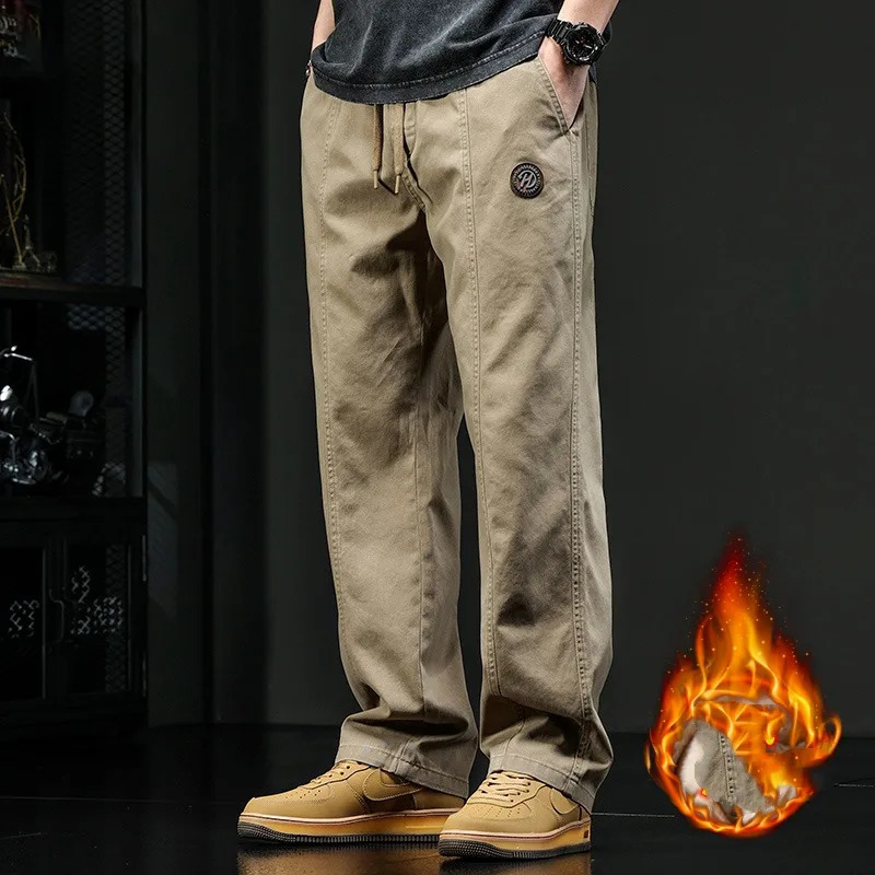 Retro pure cotton thick elastic waist brushed solid autumn and winter fully matched patch work bag straight casual cargo pants 241115