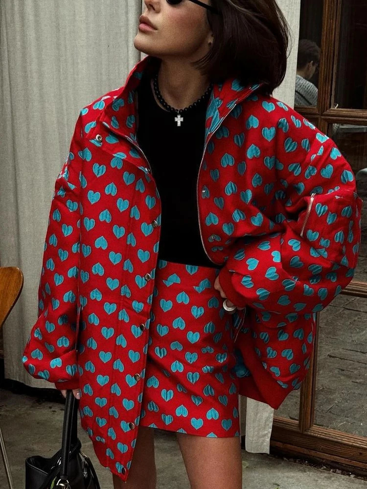 Fashion Love Printed Womens Ski Set Y2K Large Vertical Collar Cotton Thick Zipper Pocket Jacket Mini Ski Set 2-piece Set 241112