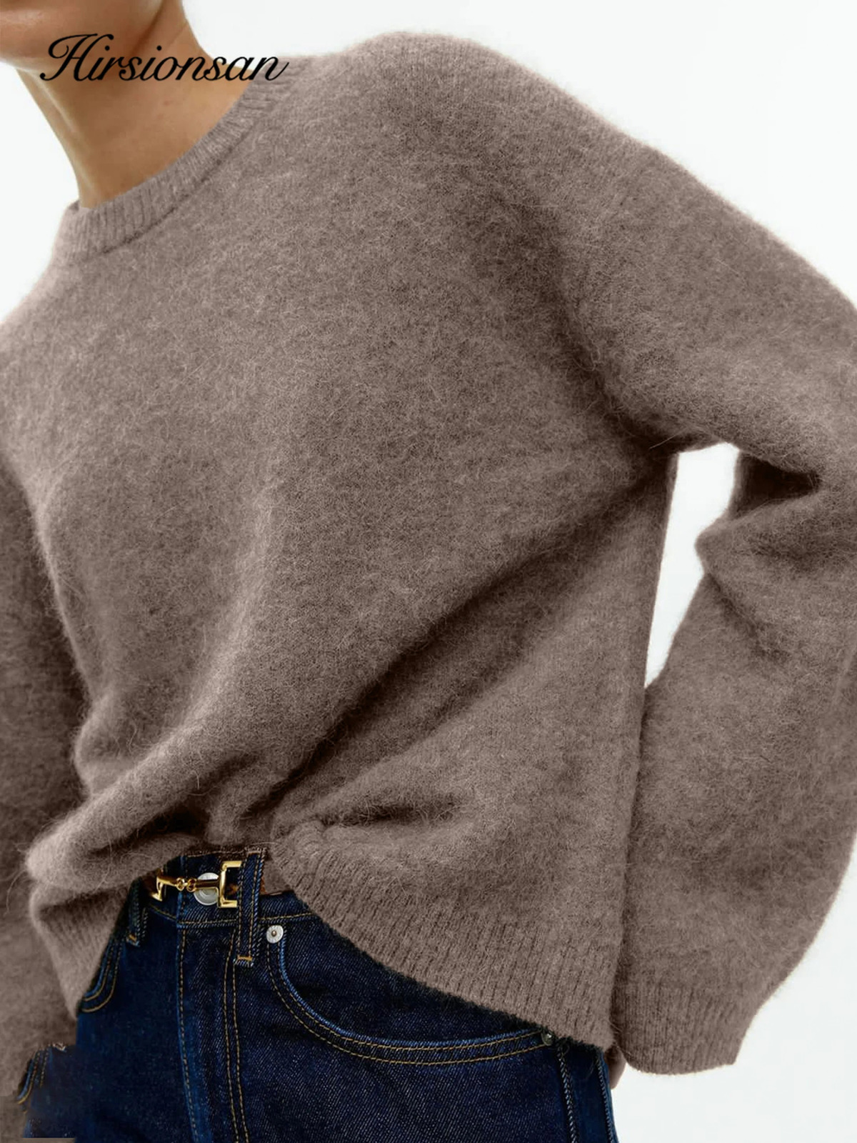 Hirssionsan Basic O-neck lantern sleeve sweater for women oversized pink blue knitted floral womens casual thick warm top 241115