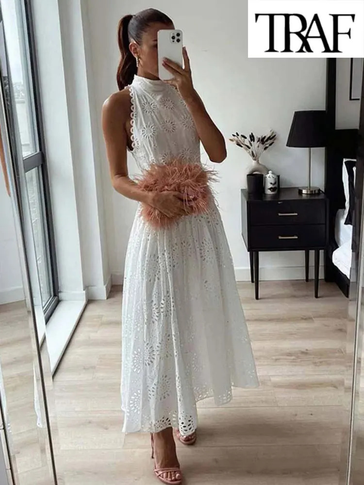 TRAF Dress Woman Sleeveless Hollowed Out Embroidery Midi Women Summer Dresses for With Belt Party 240415