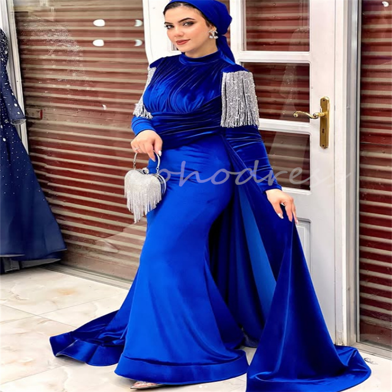 Gorgeous Royal Blue Arabia Evening Dress With Beaded Tassel Elegant Plus Size Mermaid Prom Dress Velvet Muslim Abaya Formal Occasion Dress vestidos de
