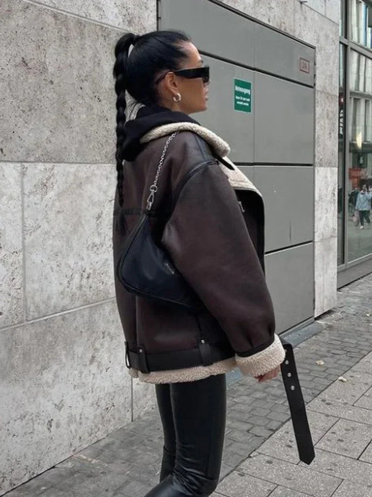 Suninheart Fashion Winter Warm Faux Fur Jacket Women Long Sleeve Moto Biker Zipper Jackets Coat Female Autumn Casual Lapel coat 241115