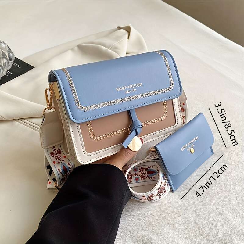Wide Strap Fashion Flap Shoulder Bag, Women's Crossbody Purse with Buckle Decor