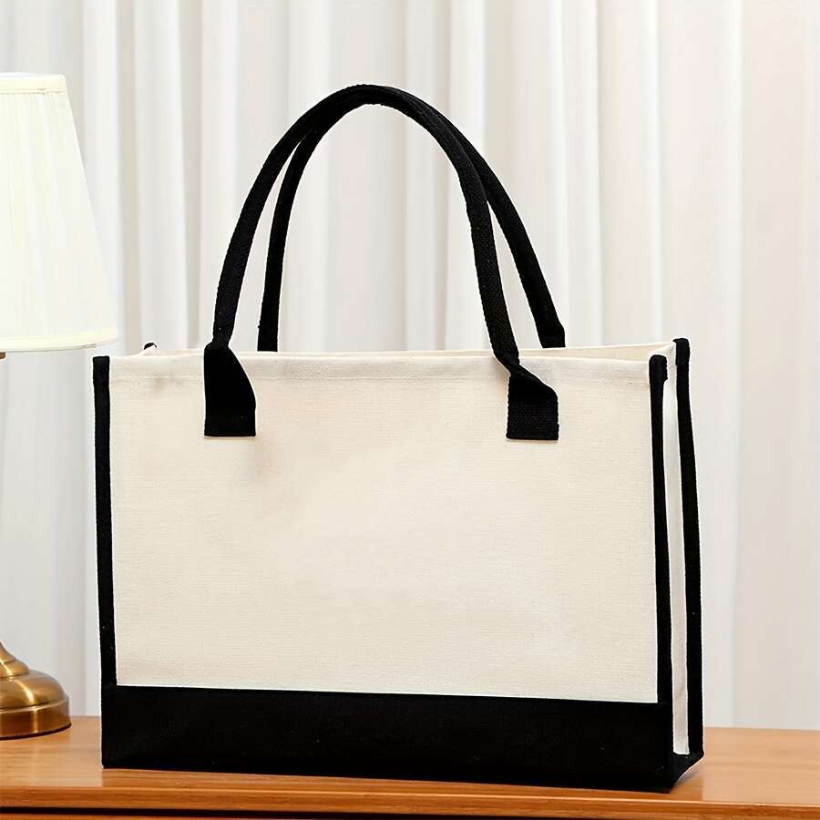1pc Casual Style Large Capacity Tote Women, Reusable Waterproof ing, Thick Canvas Shoulder Bag for Travel and Beach Vacation