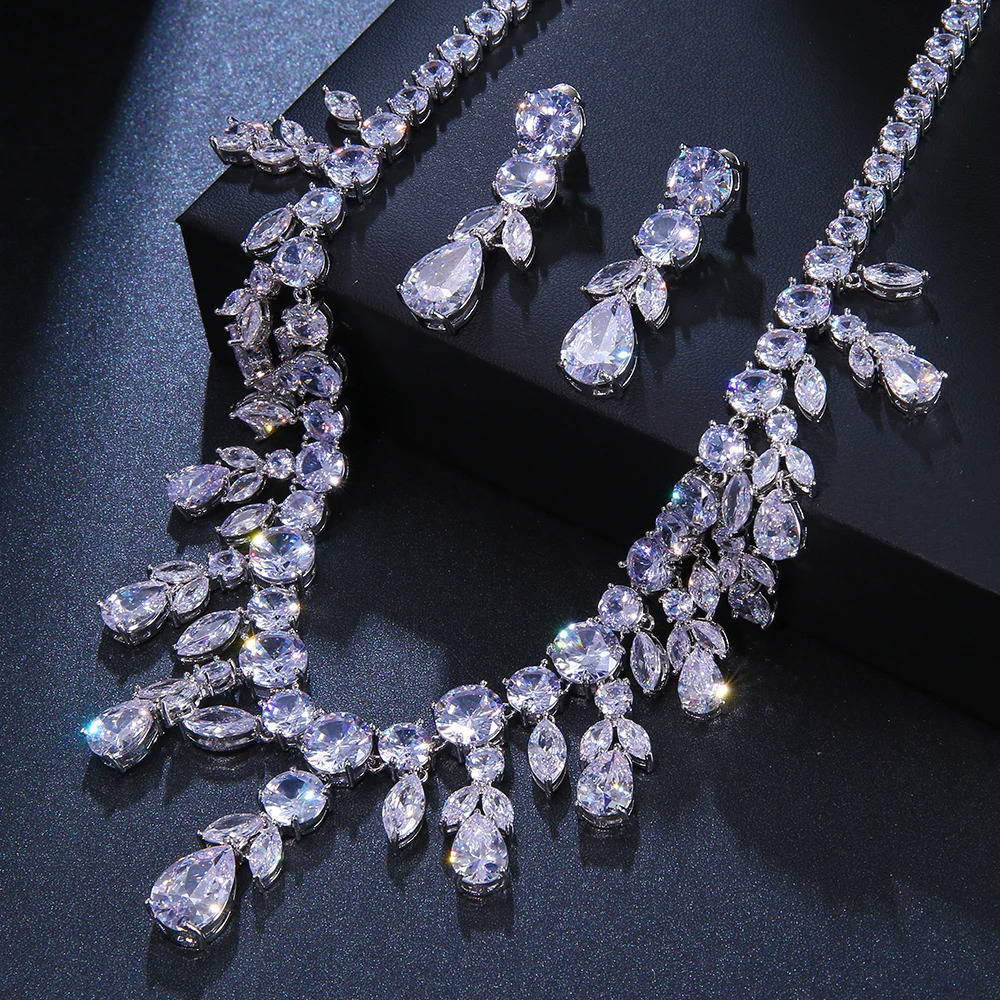 Emmaya Zircon Bling Square Drop Deep Blue Cubic Zircon Necklace and Earrings Womens Party Jewelry Set 241115