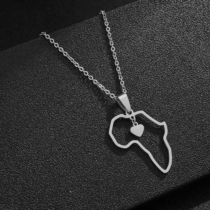 10PCS Africa Map with Small Heart Necklace African Religious Amulet Pendant Necklaces Stainless Steel Collar Choker