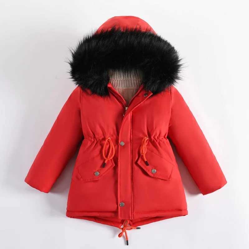New winter cotton coat for girls aged 4-12 childrens large fur collar medium length cotton jacket X241115