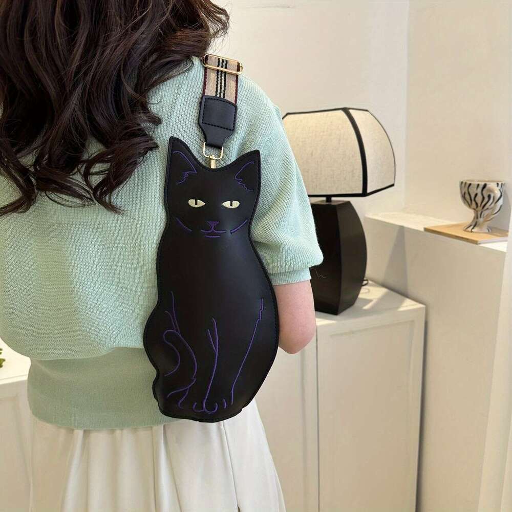 Balck Cat Shaped Crossbody Vintage Animal Sg Bag, Cute Cartoon Shoulder Bag