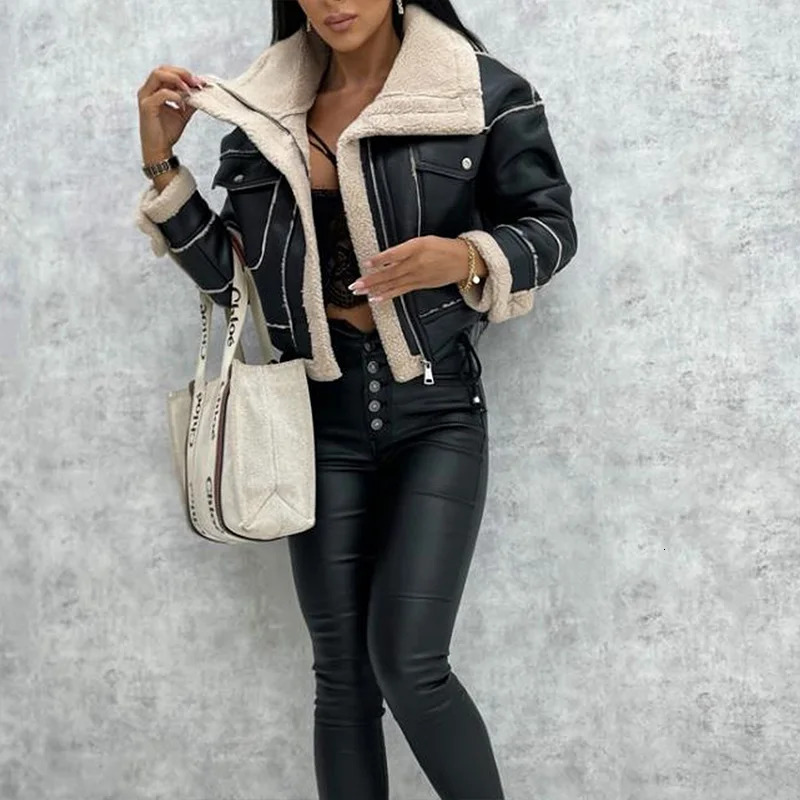 Winter Women Thick Warm Suede Lamb Jacket Short Motorcycle Brown Coats Faux Shearling Sheepskin Leather Jackets Outwear 241114