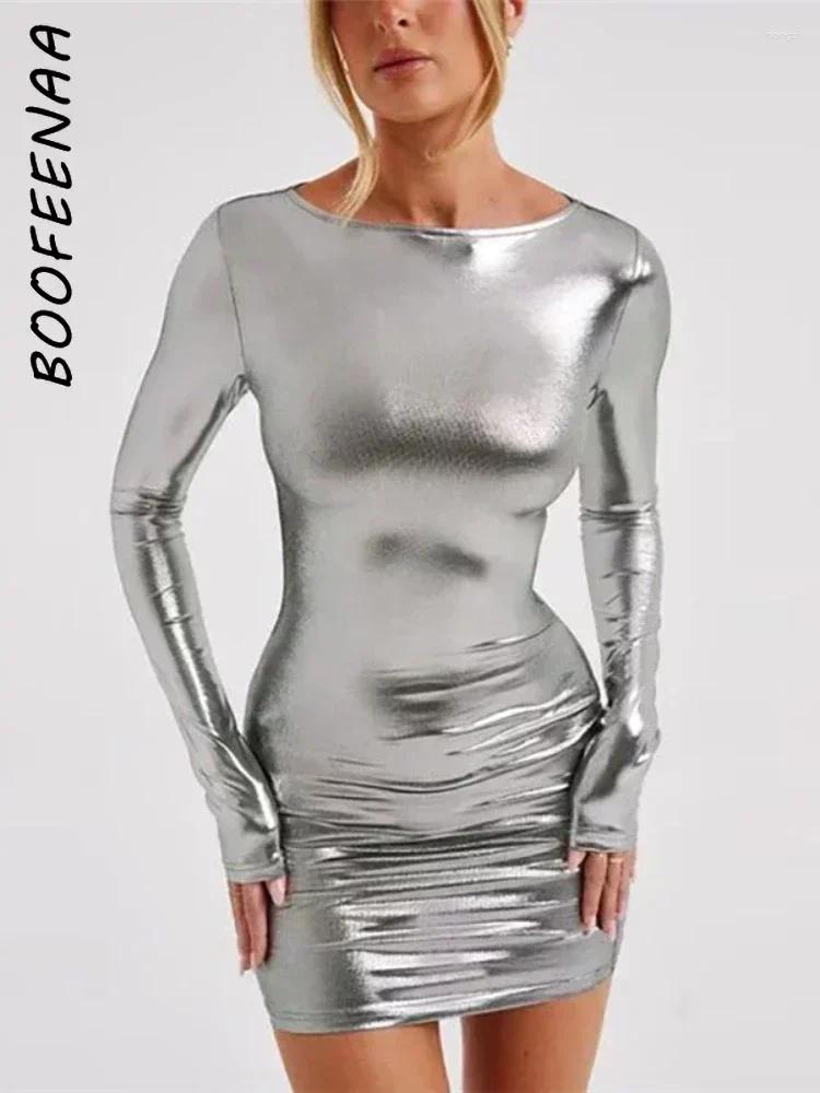 Casual Dresses BOOFEENAA Gray Metallic Long Sleeve Bodycon Dress Fashion Fall Winter Short For Women Party Night Club Outfits C70-BF19