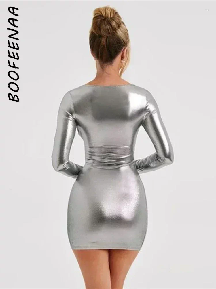 Casual Dresses BOOFEENAA Gray Metallic Long Sleeve Bodycon Dress Fashion Fall Winter Short For Women Party Night Club Outfits C70-BF19