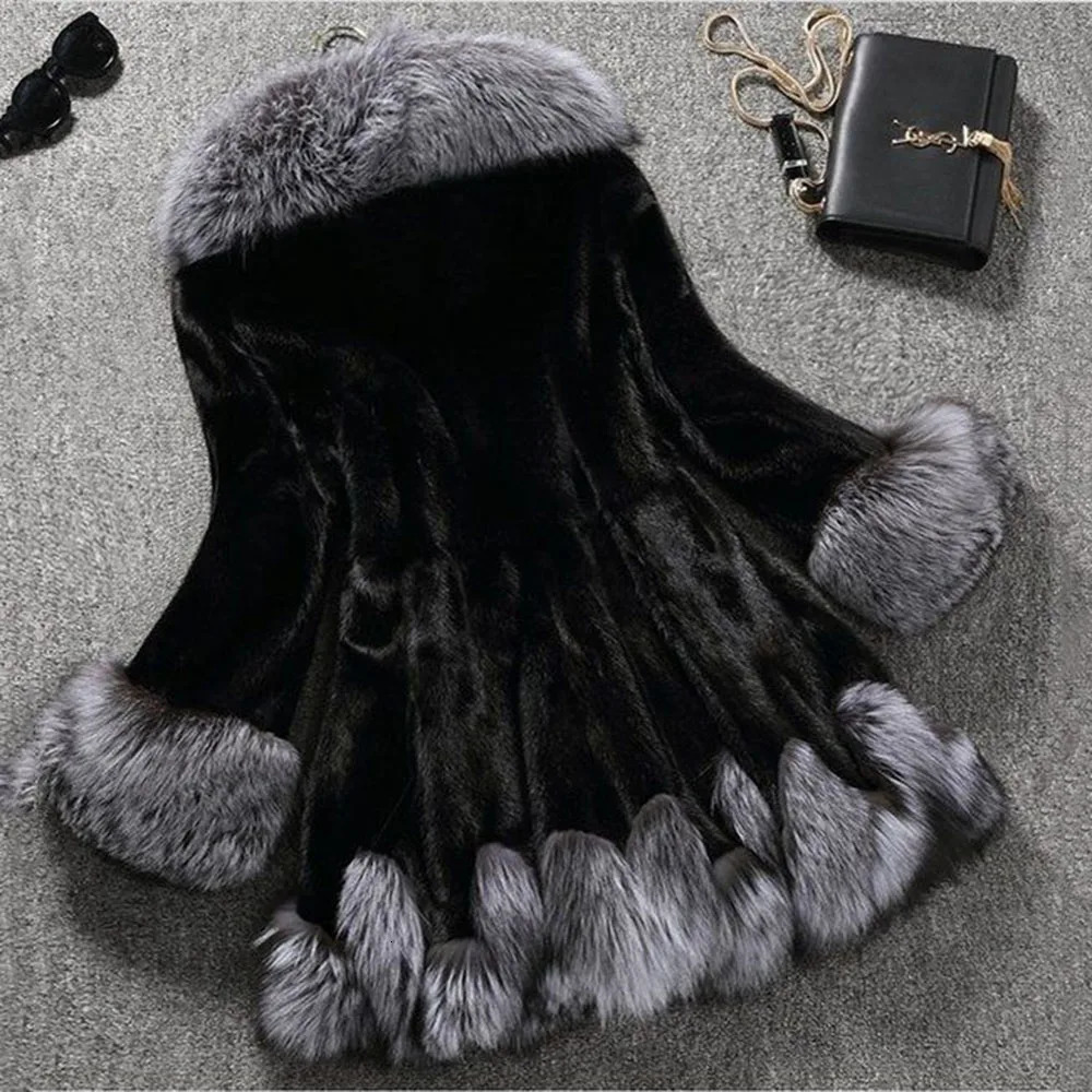 Womens Mink Fox Fur Hooded Coat Long Loose CoatCasual Slim TemperamentAutumn and Winter Promotional Fashion 241115