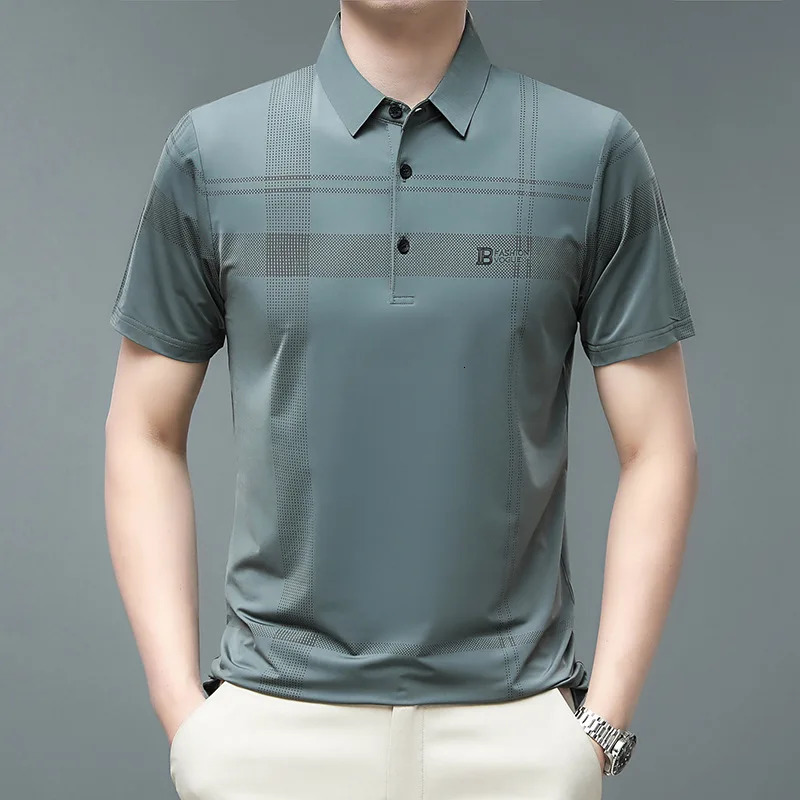 Summer Mens Clothing Short Sleeve Turn-down Collar Polo T-shirt Ice Silk Thin Loose Business Fashion Casual Tops 240407