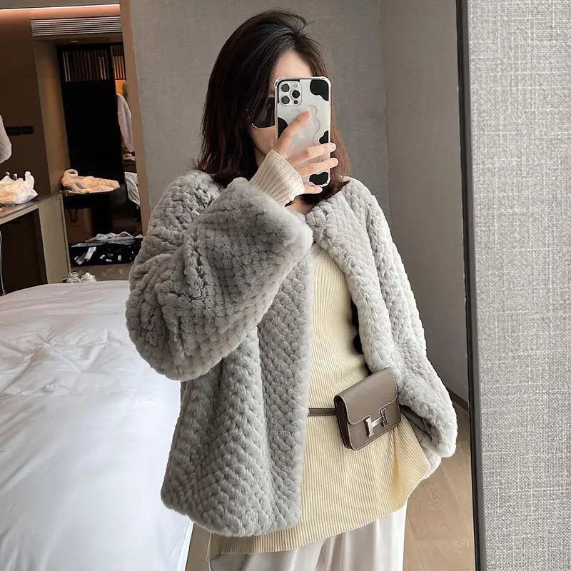 Otter Rabbit Fur Grass Coat Womens Versatile Round Neck Short Thick Warm Woven 241115