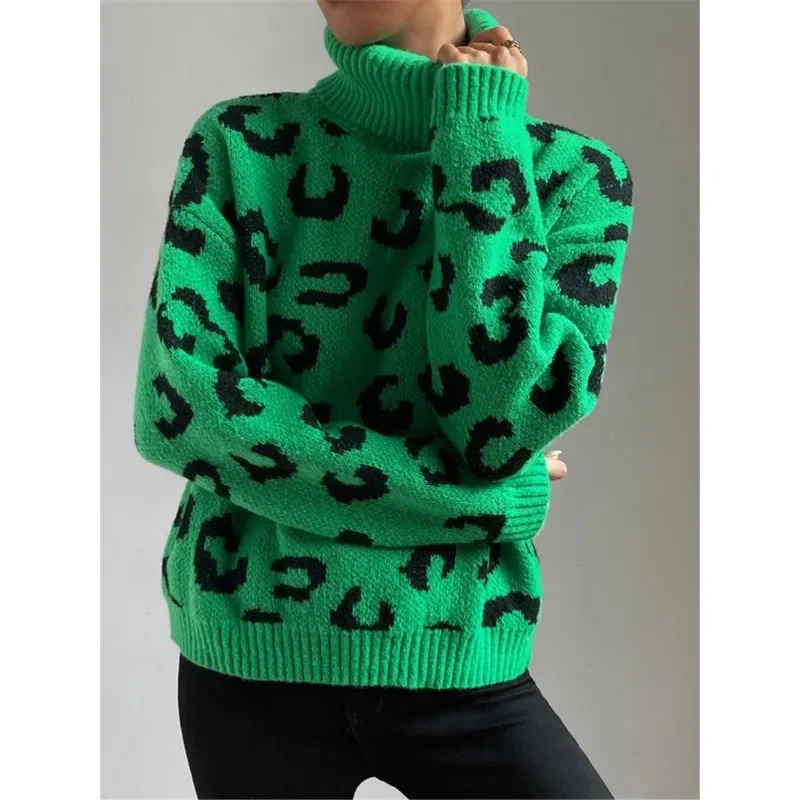 Autumn and winter womens leopard print turtle neck knitted floral top personalized street style womens casual loose sweater 241115