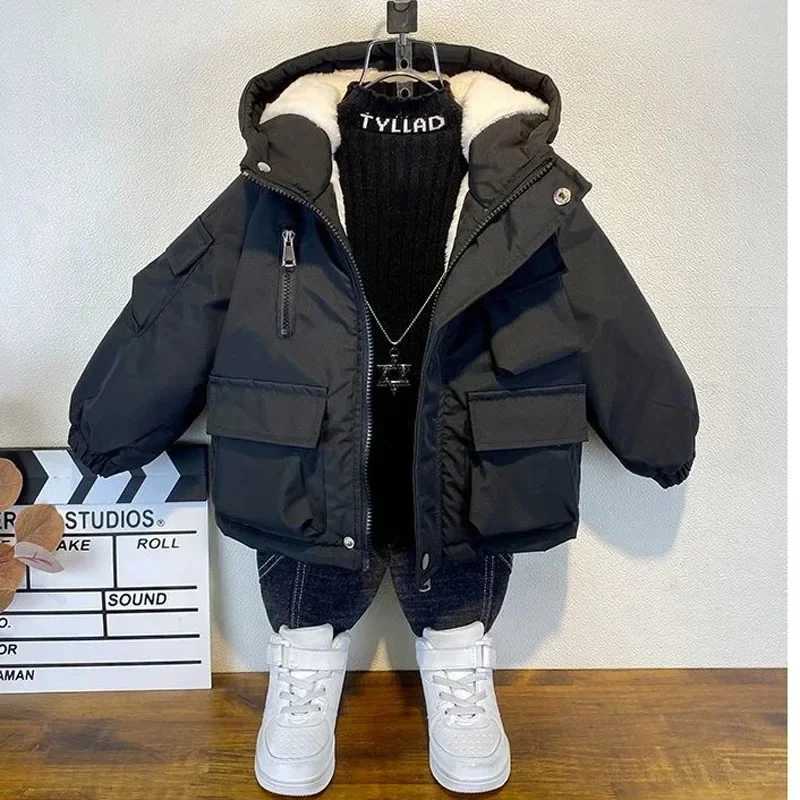 2024 Winter Boys Jacket Childrens Clothing Keep Warm Cotton Thick Coat Childrens Zipper Hooded Coat with Velvet Jacket X241115