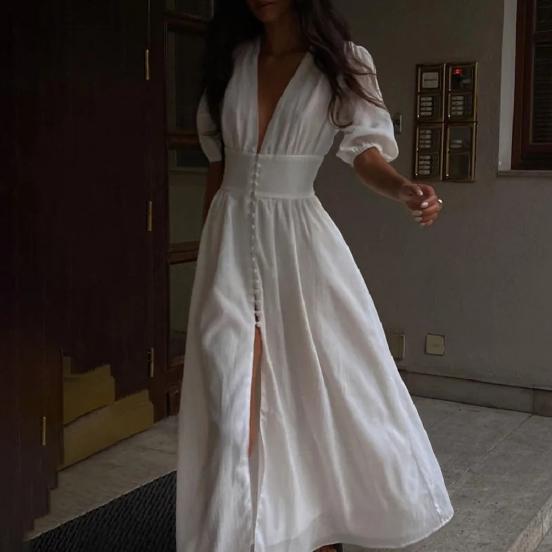 Summer Dress French Puff Sleeve Button Chic Long For Women Party Strapless High Split Casual White Dresses 240415
