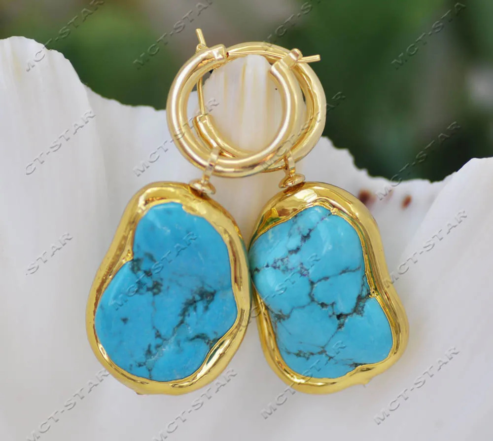 Z13015 set large 34mm Baroque blue gold-plated rough stone turquoise necklace bracelet earrings 241115