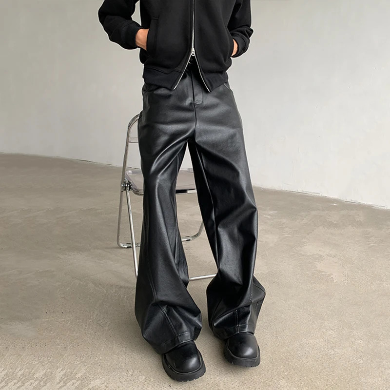 IEFB American style mens casual Pu leather solid color straight wide leg street Trouser personalized 9C8060 241115