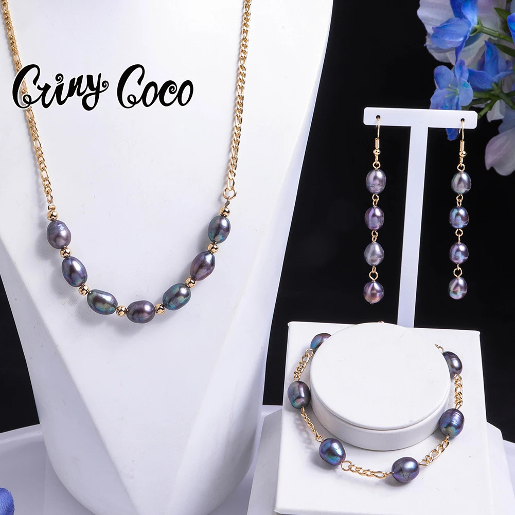 Cring Coco Womens Necklace Set Fashion Hawaiian Black Pearl Jewelry Set Freshwater Baroque Bracelet Earrings Jewelry Set 241115