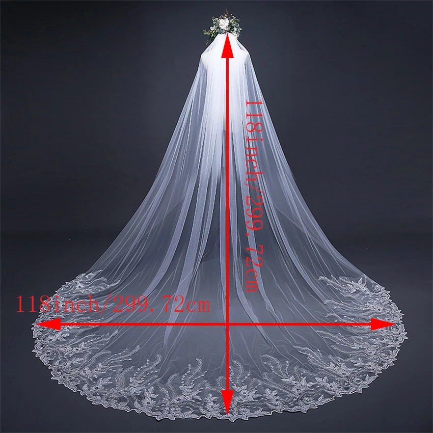 Long lace bridal veil with comb 3 meters 1 floor cathedral white Iovry wedding veil wedding accessories 241115