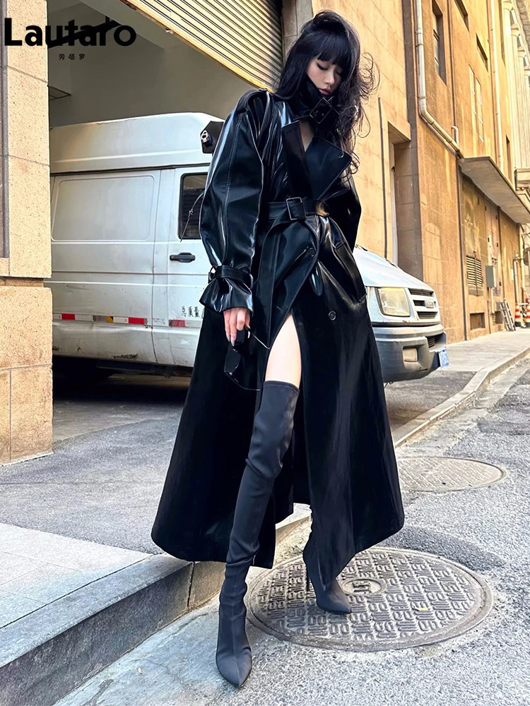 Lautaro Spring Autumn Long Oversized Cool Reflective Shiny Black Patent Leather Trench Coat for Women Belt Runway Fashion 241115