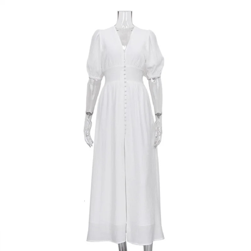 Summer Dress French Puff Sleeve Button Chic Long For Women Party Strapless High Split Casual White Dresses 240415
