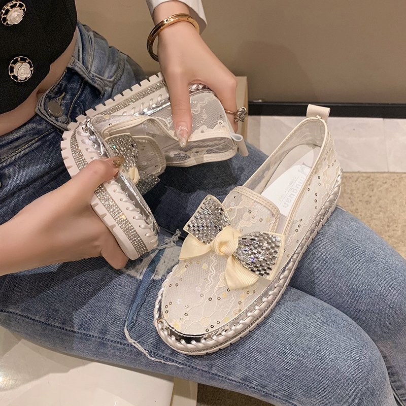 2024 Summer New Women's Sandals Thick Bottom Soft Hollow Mesh Flat Shoes Water Diamond Bow Breathable Sports Shoes Luxury Shining Casual Shoes De