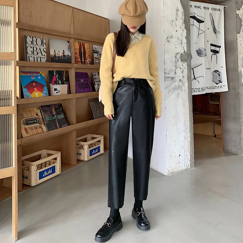 Autumn and winter womens leather pants high waisted loose fit black brown straight leg classic PU synthetic 241115