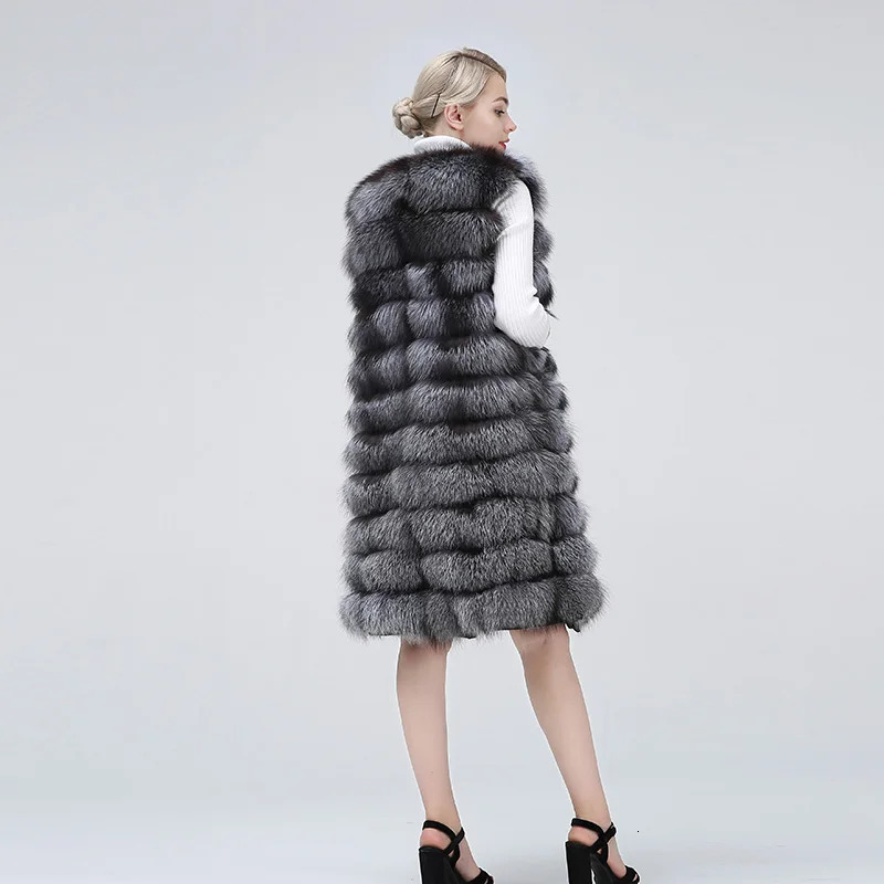 100 Genuine Winter Long Real Silver Fur Stripes Vest Collar Sleeveless Coat Clothing Women Extended 241115