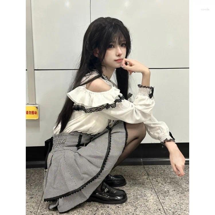 Off Shoulder Lace Long Sleeve Bow Top & Ruched Skirt Set - Sweet Lolita Y2k Style Women's Work Dress For Early Autumn